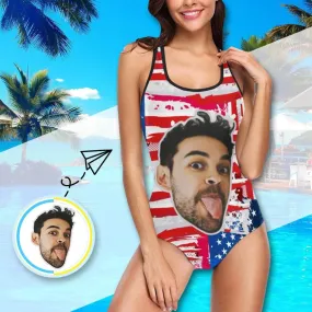#July 4-4th of July Boat Trip Beach Cruise Outfit Custom Boyfriend Face Swimsuit Personalized USA Flag Women's One Piece Bathing Suit Celebrate Holiday Funny Party