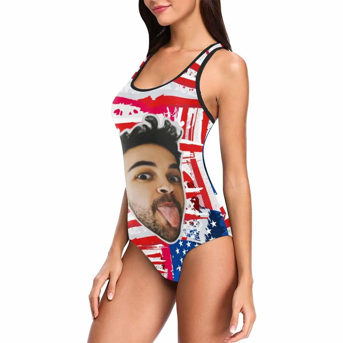 #July 4-4th of July Boat Trip Beach Cruise Outfit Custom Boyfriend Face Swimsuit Personalized USA Flag Women's One Piece Bathing Suit Celebrate Holiday Funny Party