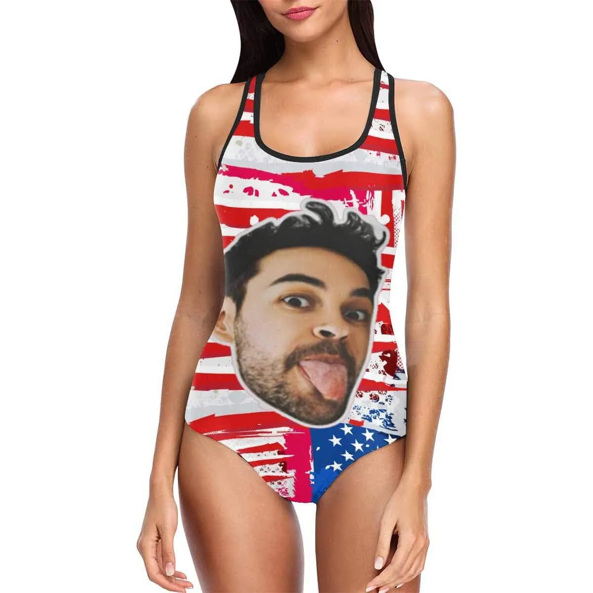 #July 4-4th of July Boat Trip Beach Cruise Outfit Custom Boyfriend Face Swimsuit Personalized USA Flag Women's One Piece Bathing Suit Celebrate Holiday Funny Party