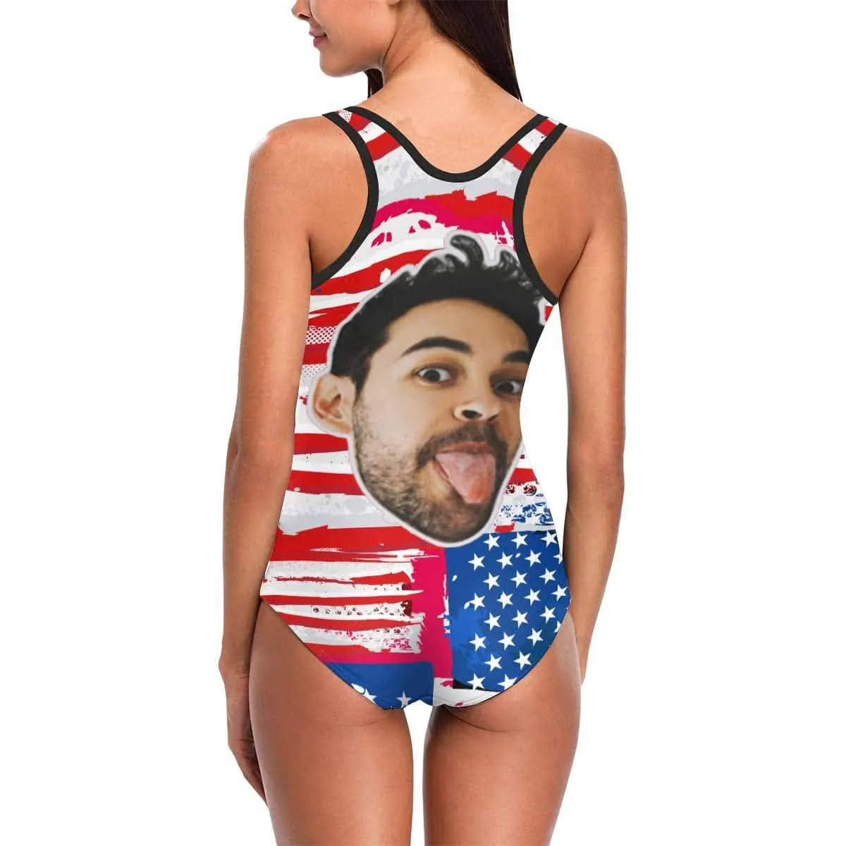 #July 4-4th of July Boat Trip Beach Cruise Outfit Custom Boyfriend Face Swimsuit Personalized USA Flag Women's One Piece Bathing Suit Celebrate Holiday Funny Party