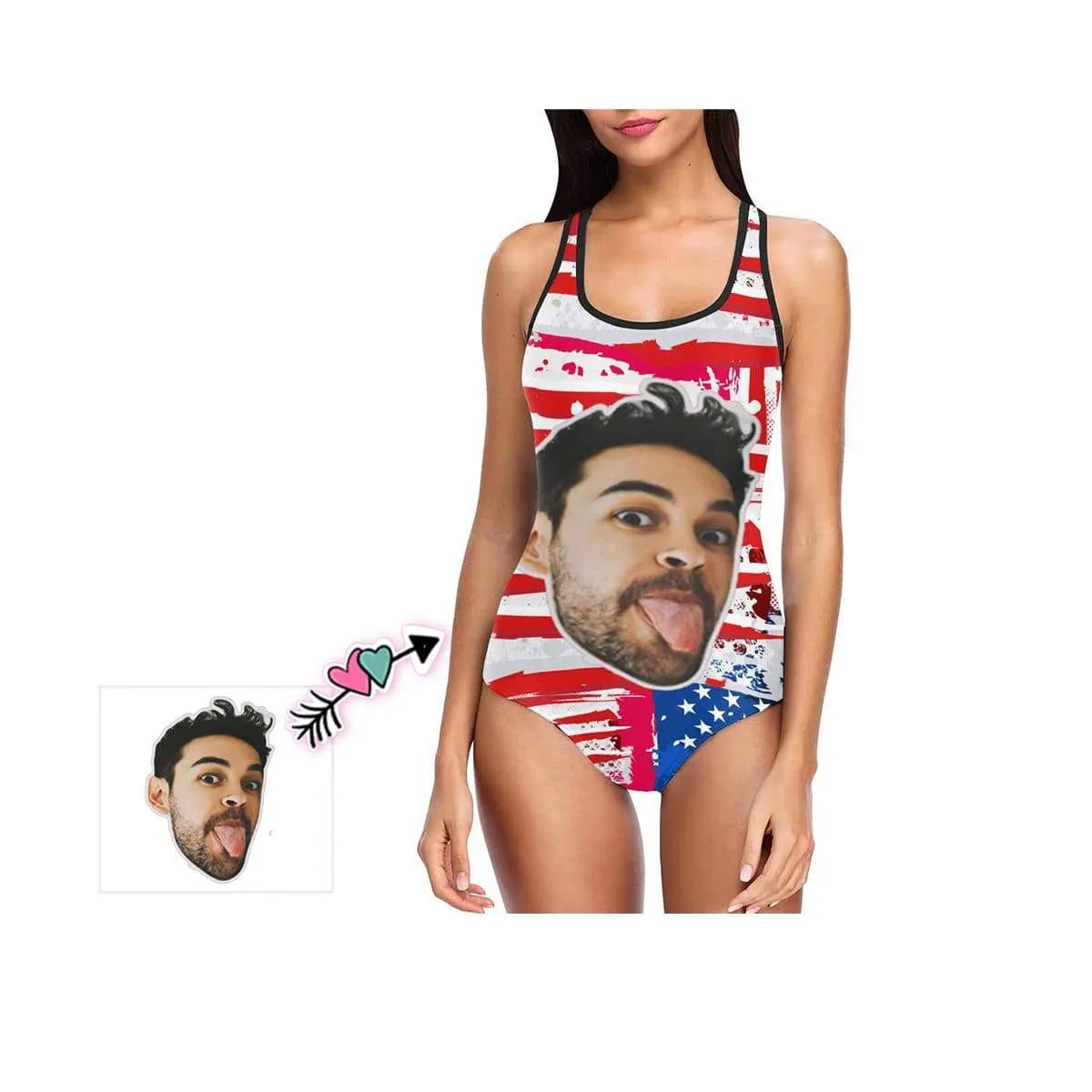 #July 4-4th of July Boat Trip Beach Cruise Outfit Custom Boyfriend Face Swimsuit Personalized USA Flag Women's One Piece Bathing Suit Celebrate Holiday Funny Party