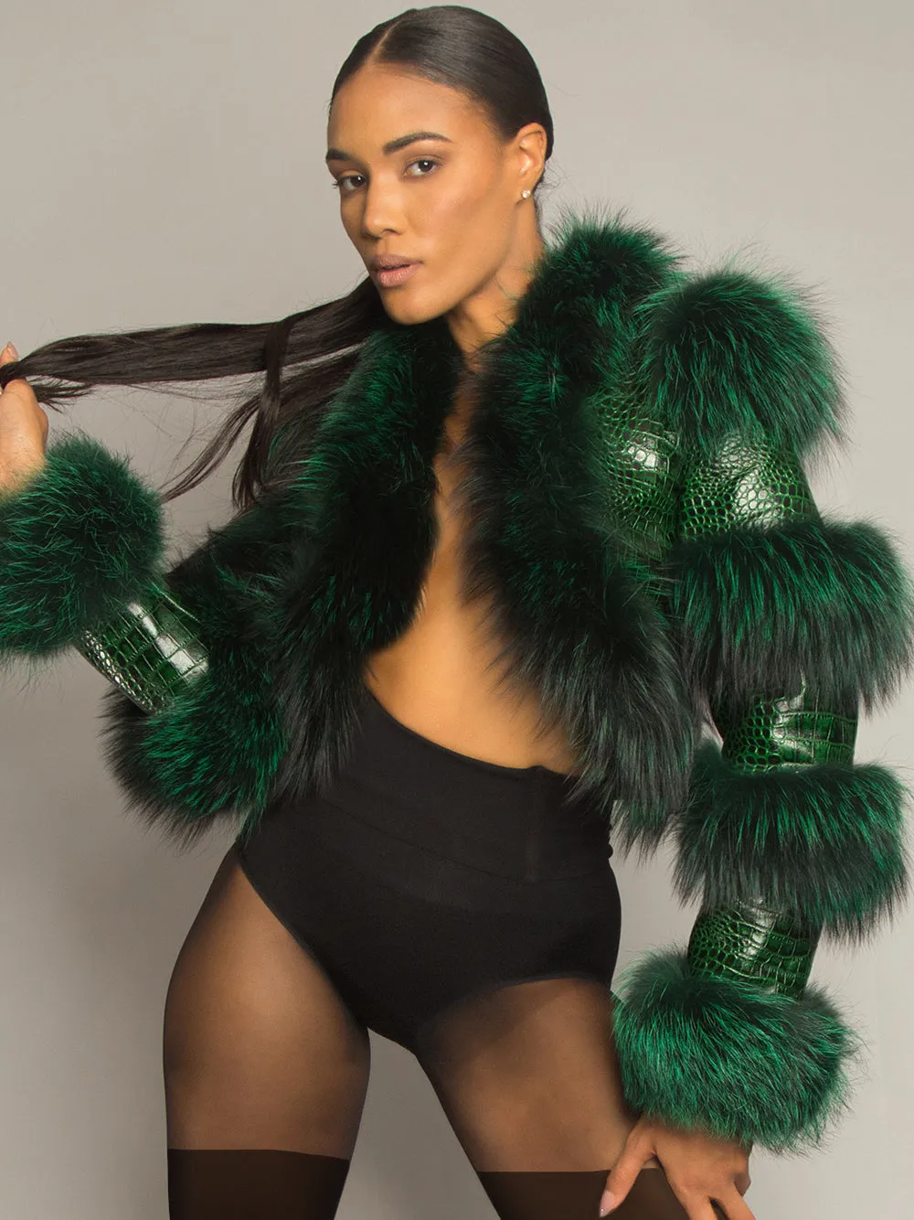 LITALY Fur Trim Leather Jacket in Dark Green
