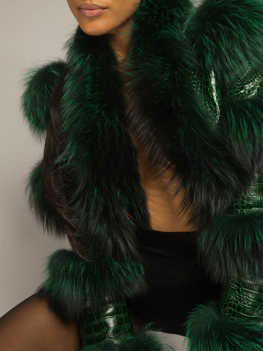 LITALY Fur Trim Leather Jacket in Dark Green