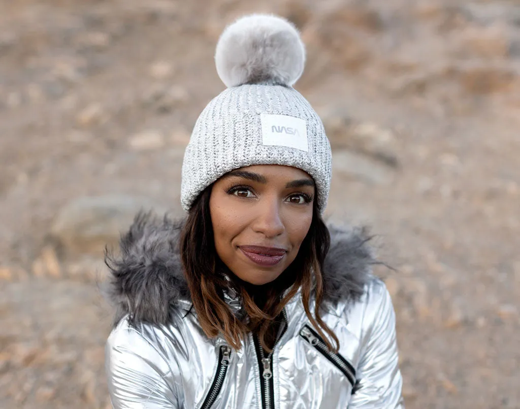 NASA Silver Brushed Metallic Pom Beanie