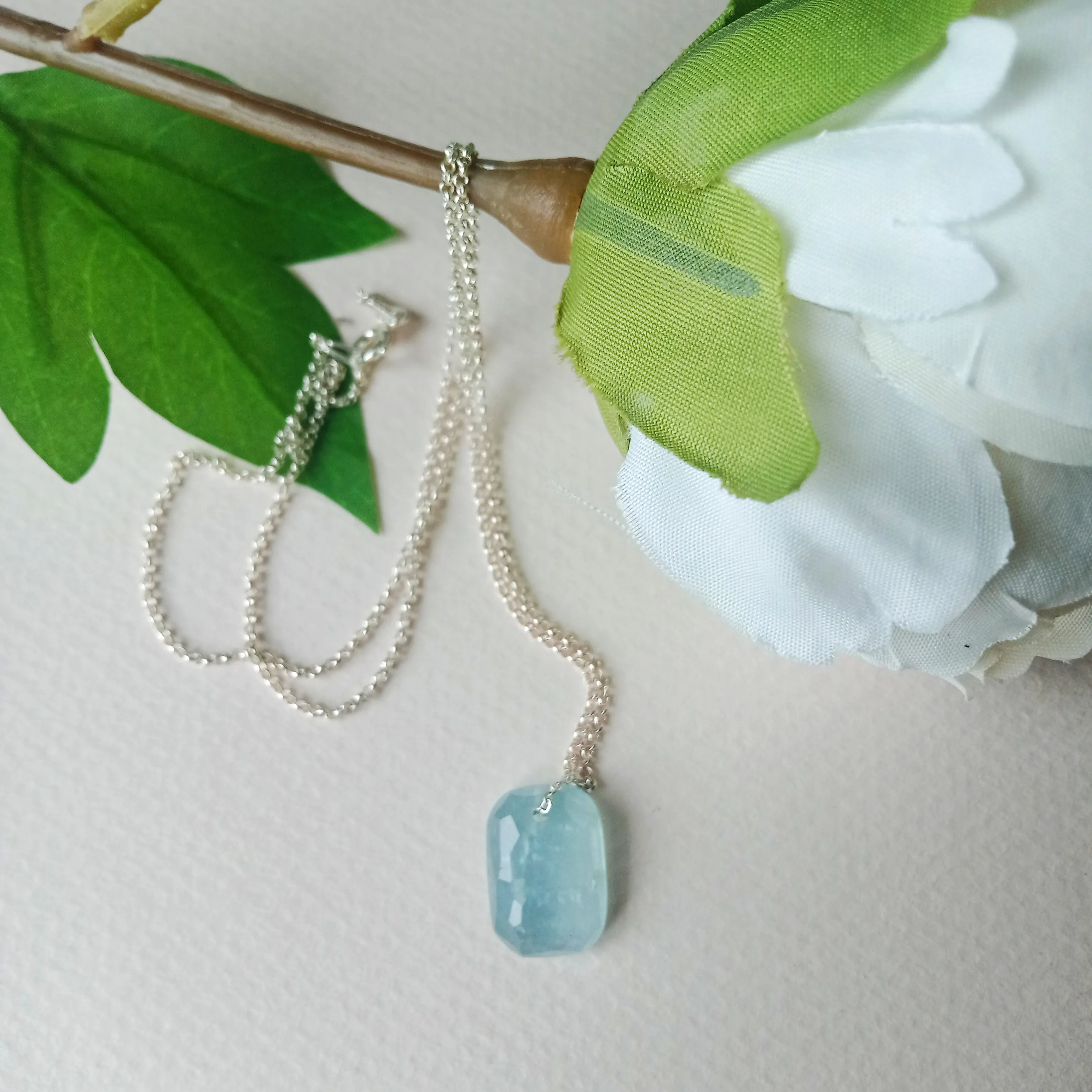 Natural faceted aquamarine cabochon sterling silver necklace
