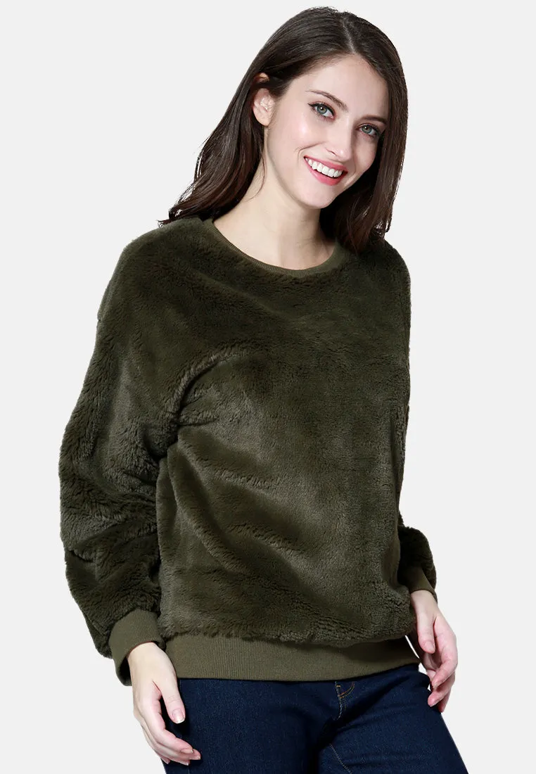 Round Neck Full Sleeve Fur Sweatshirt