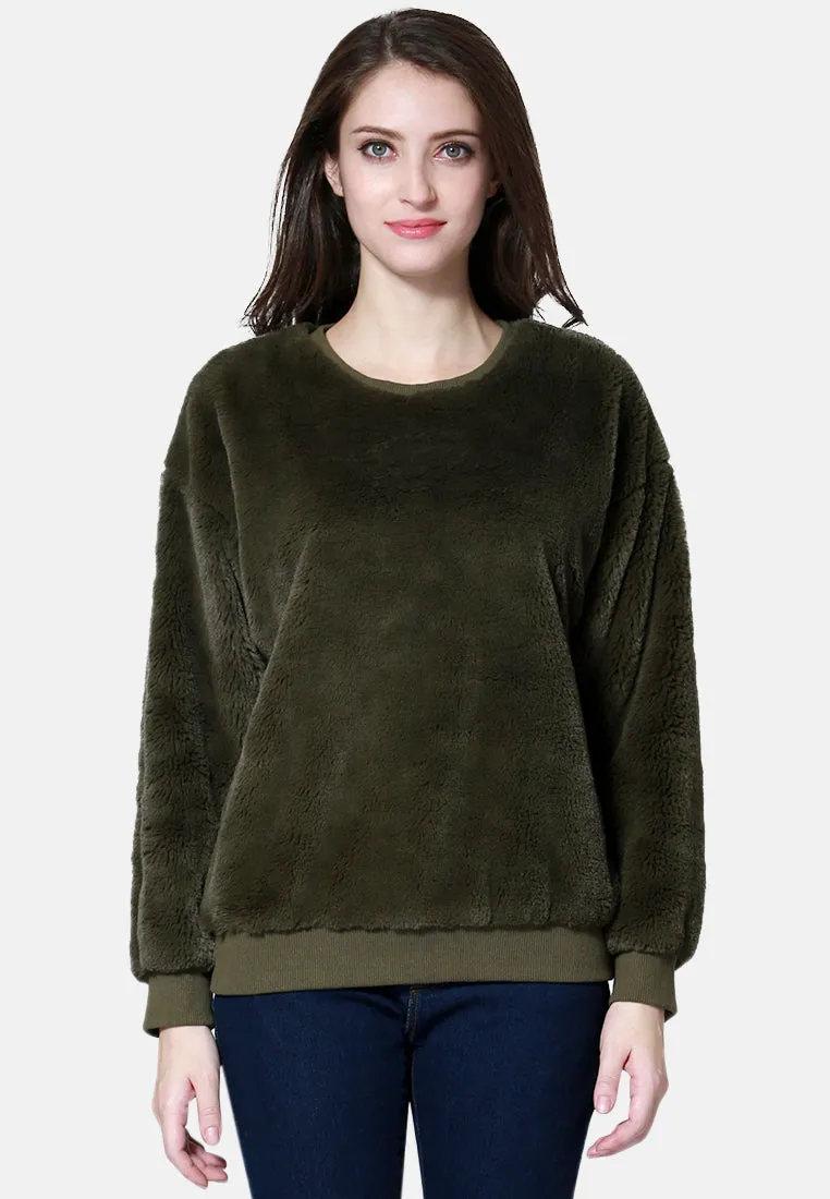 Round Neck Full Sleeve Fur Sweatshirt