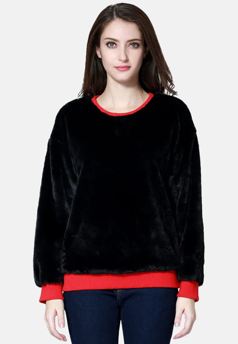 Round Neck Full Sleeve Fur Sweatshirt