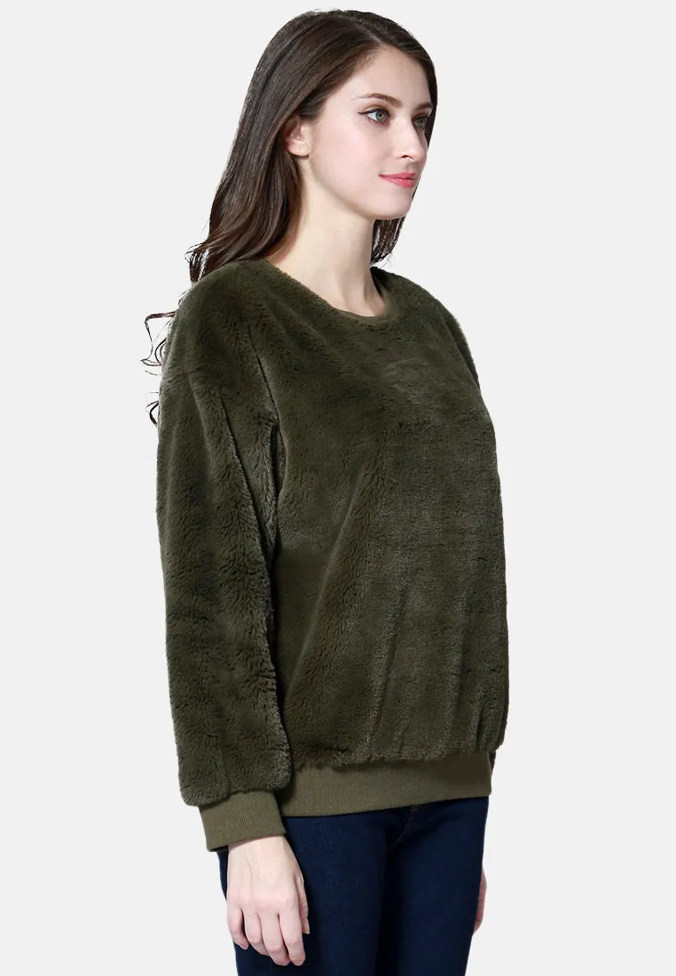 Round Neck Full Sleeve Fur Sweatshirt