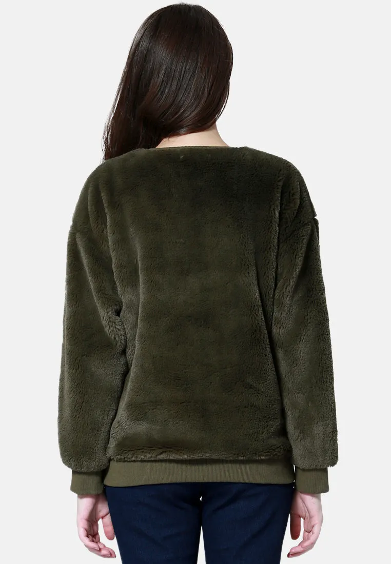 Round Neck Full Sleeve Fur Sweatshirt