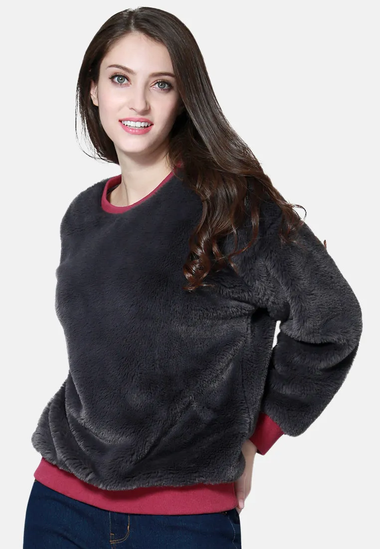 Round Neck Full Sleeve Fur Sweatshirt