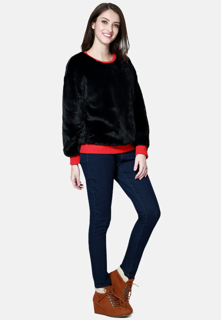 Round Neck Full Sleeve Fur Sweatshirt
