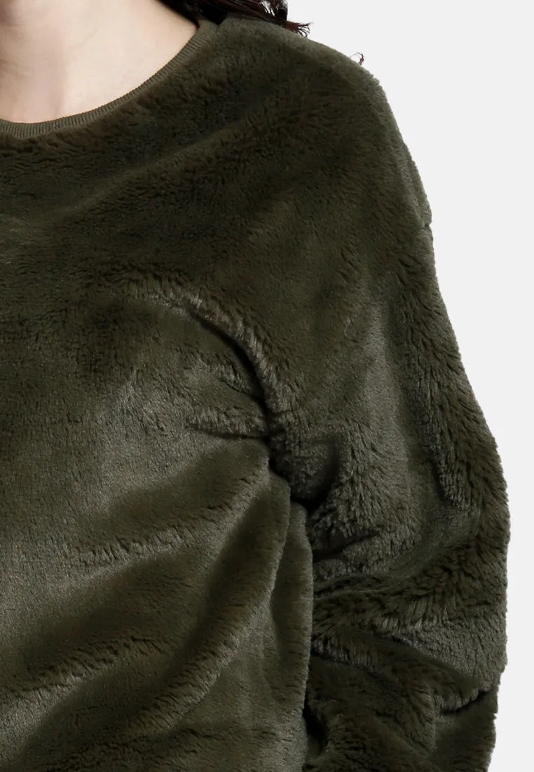Round Neck Full Sleeve Fur Sweatshirt