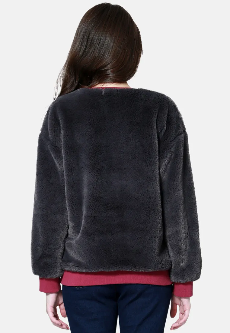 Round Neck Full Sleeve Fur Sweatshirt