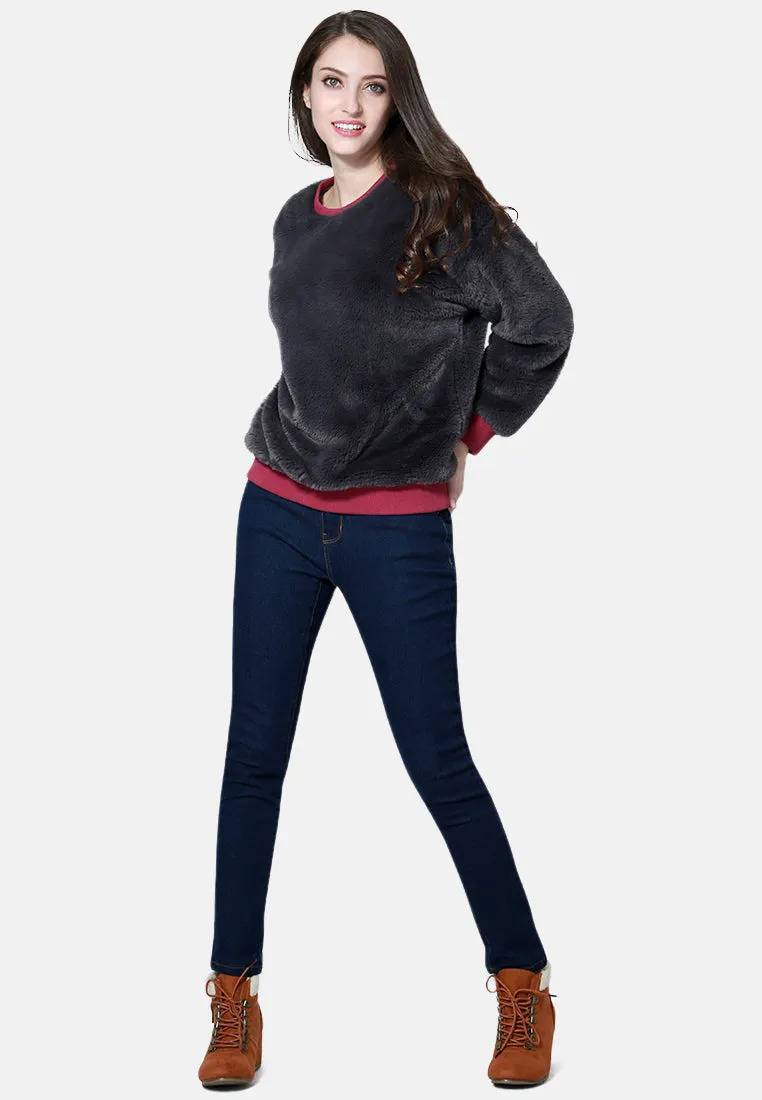Round Neck Full Sleeve Fur Sweatshirt