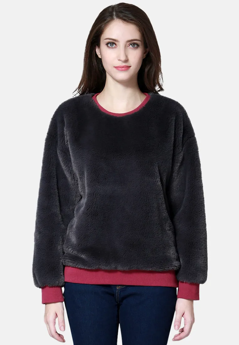 Round Neck Full Sleeve Fur Sweatshirt
