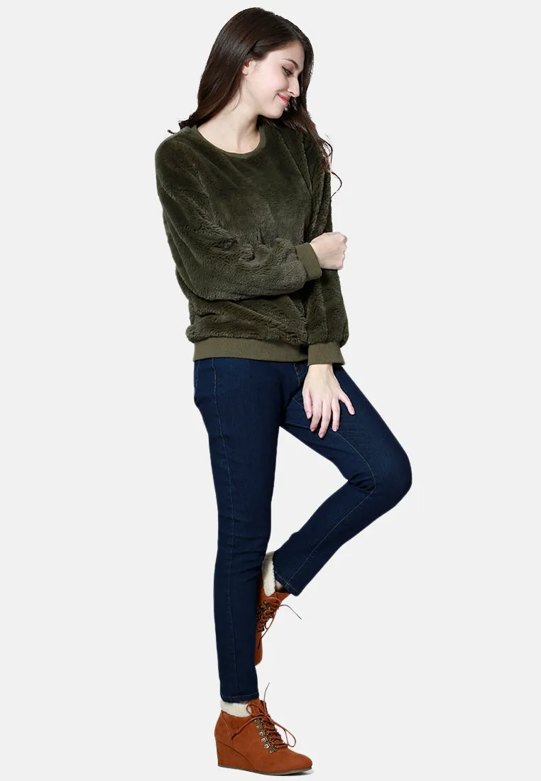 Round Neck Full Sleeve Fur Sweatshirt