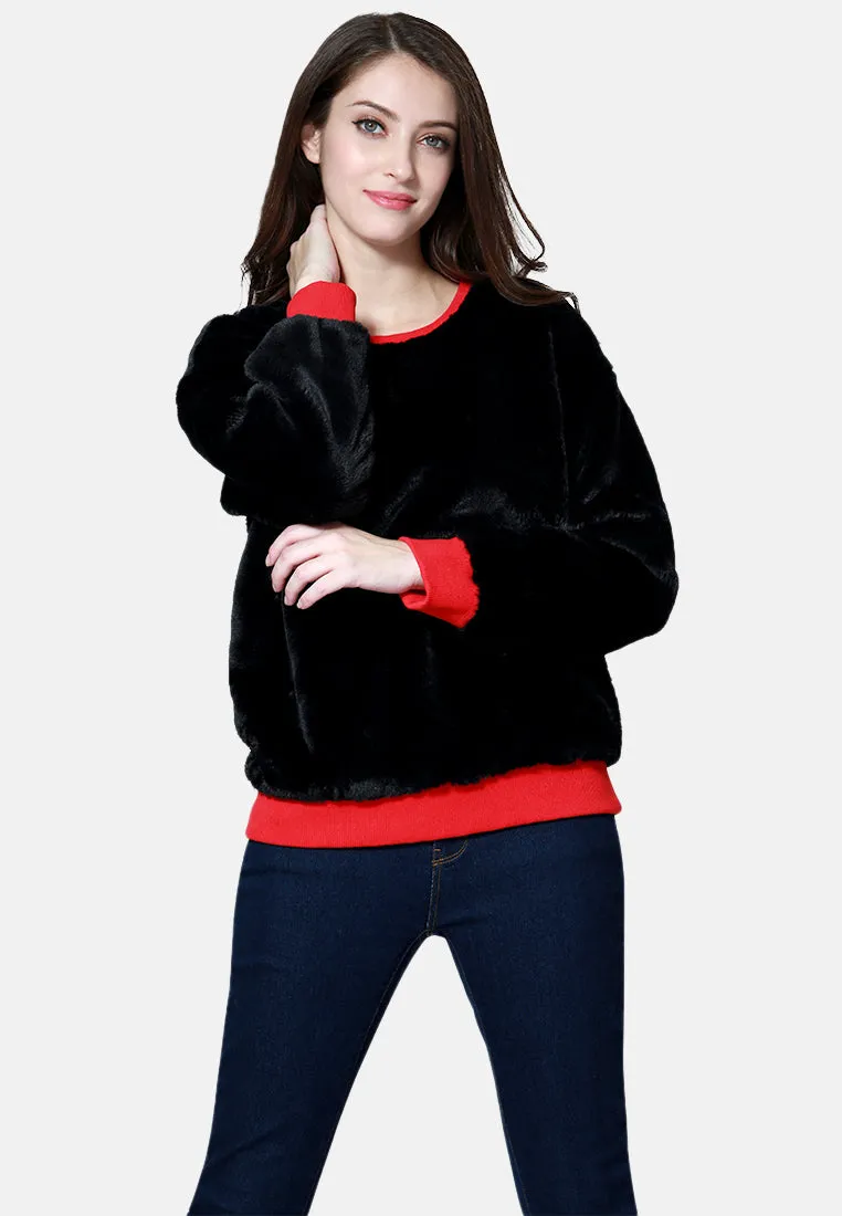 Round Neck Full Sleeve Fur Sweatshirt