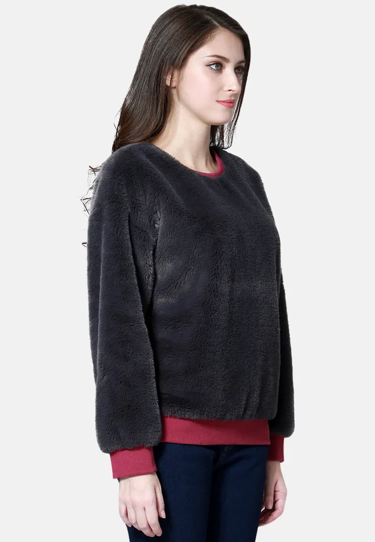 Round Neck Full Sleeve Fur Sweatshirt
