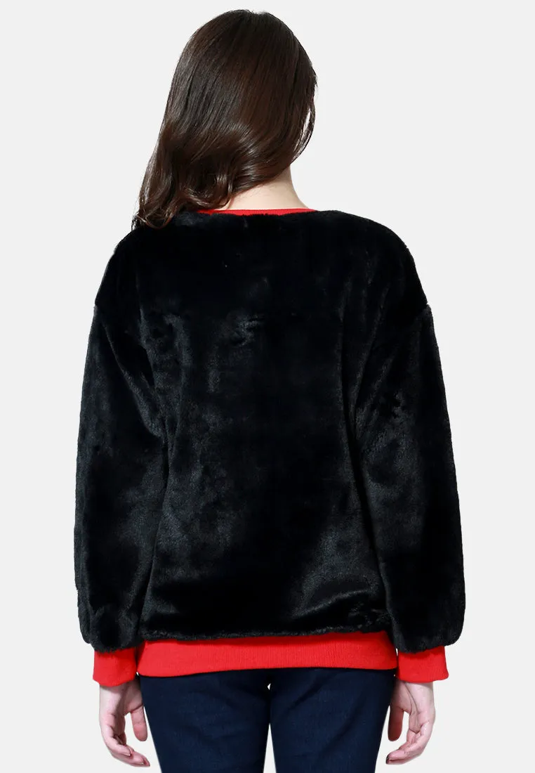 Round Neck Full Sleeve Fur Sweatshirt