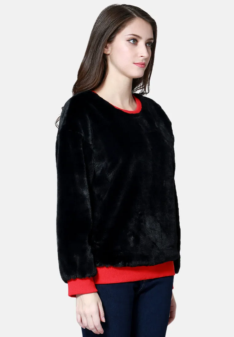 Round Neck Full Sleeve Fur Sweatshirt