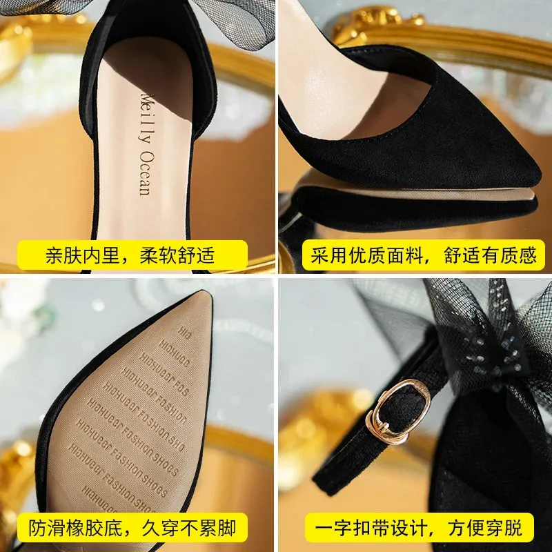 Tulle Bow Heels Designer Stiletto High Heels Women Pumps 2022 Wedding Shoes Bride Ladies Party Prom Shoes Big Size 44 45