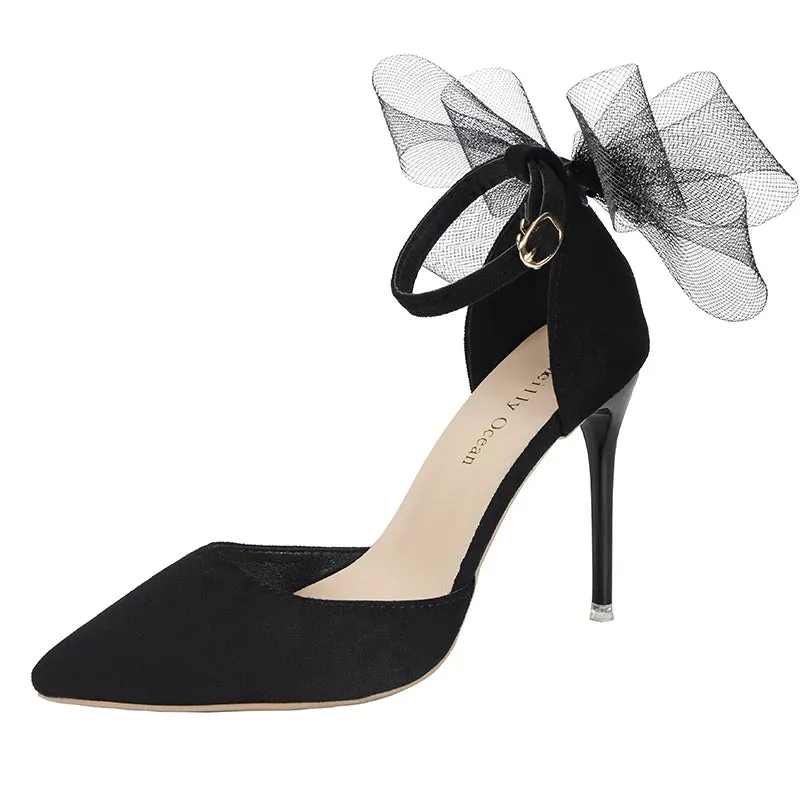 Tulle Bow Heels Designer Stiletto High Heels Women Pumps 2022 Wedding Shoes Bride Ladies Party Prom Shoes Big Size 44 45