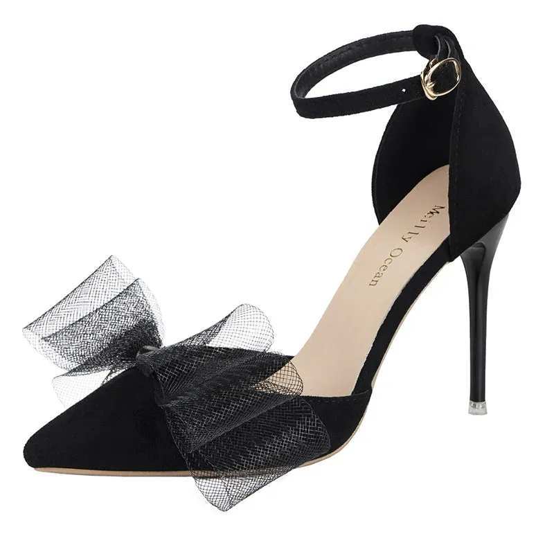 Tulle Bow Heels Designer Stiletto High Heels Women Pumps 2022 Wedding Shoes Bride Ladies Party Prom Shoes Big Size 44 45