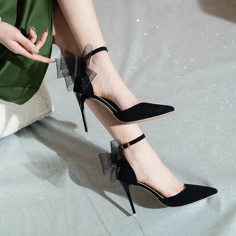 Tulle Bow Heels Designer Stiletto High Heels Women Pumps 2022 Wedding Shoes Bride Ladies Party Prom Shoes Big Size 44 45