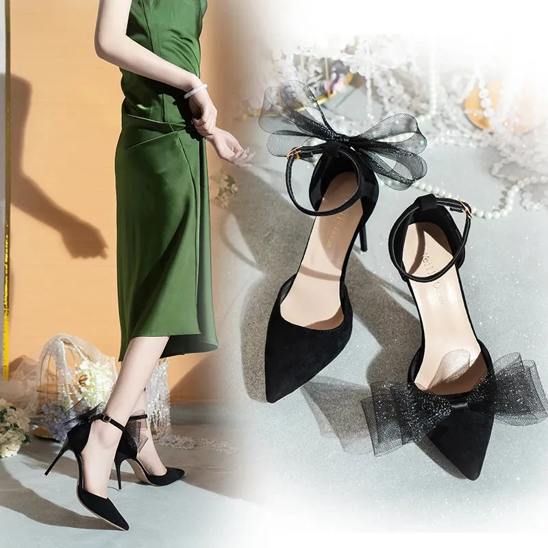 Tulle Bow Heels Designer Stiletto High Heels Women Pumps 2022 Wedding Shoes Bride Ladies Party Prom Shoes Big Size 44 45