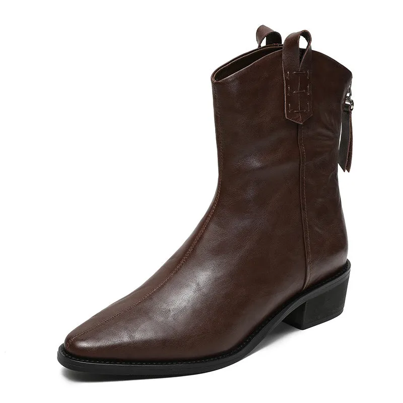 Women Vintage Leather Pointed Toe Motorcycle Boots