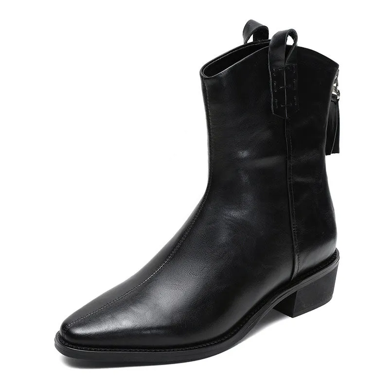 Women Vintage Leather Pointed Toe Motorcycle Boots