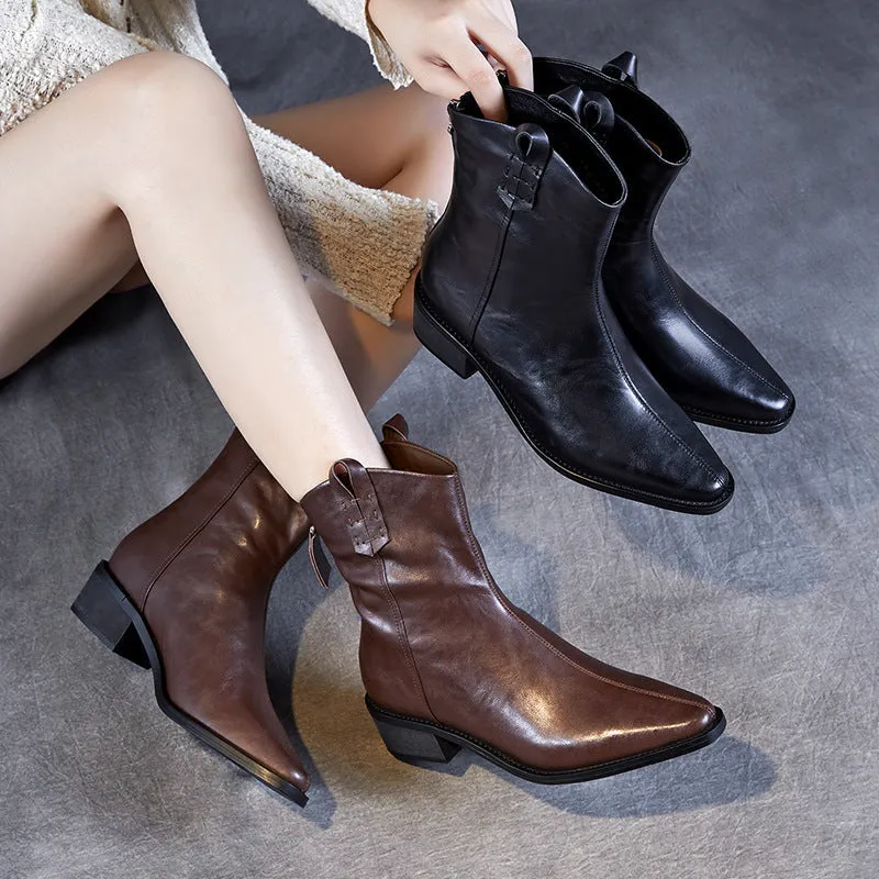 Women Vintage Leather Pointed Toe Motorcycle Boots