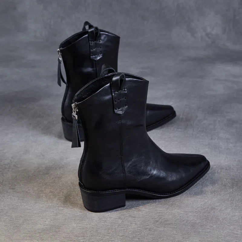 Women Vintage Leather Pointed Toe Motorcycle Boots