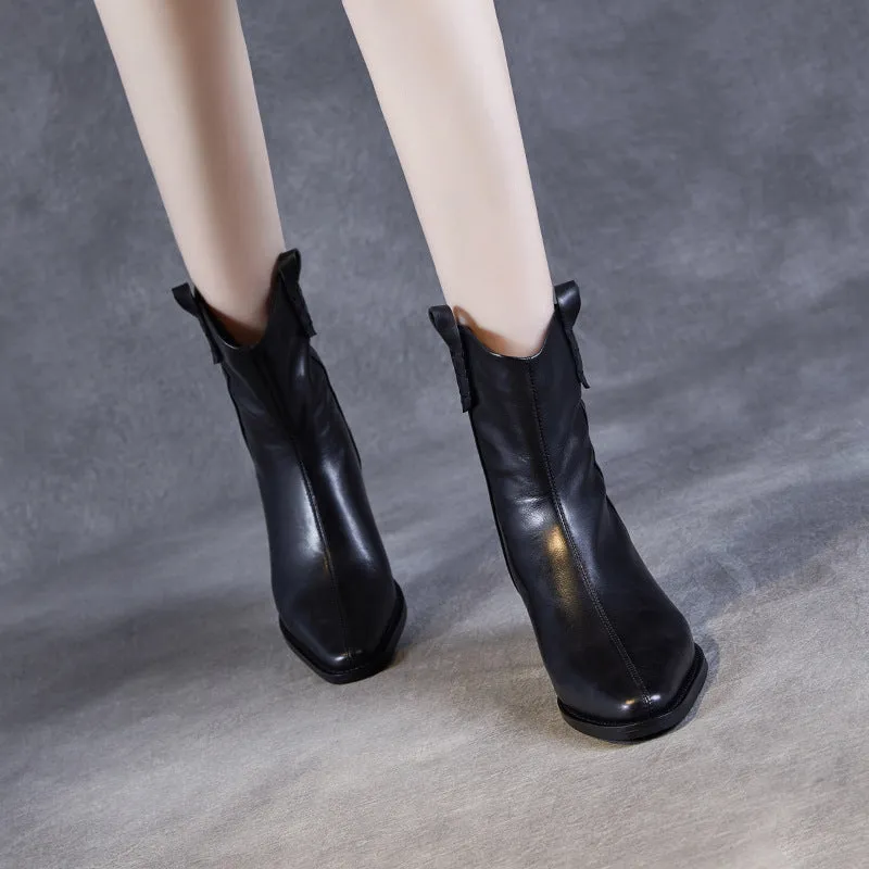 Women Vintage Leather Pointed Toe Motorcycle Boots
